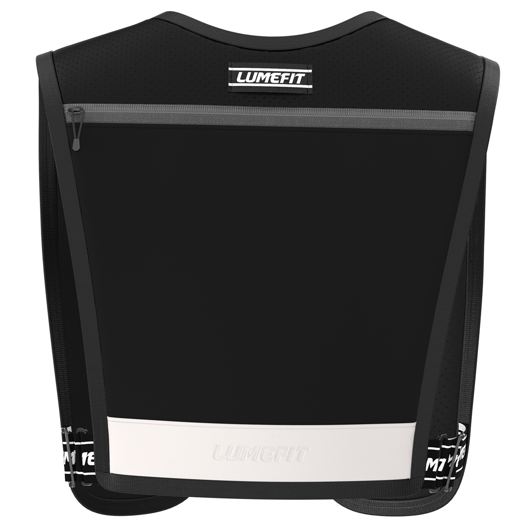 Back view of LUMEFIT black running hydration vest on white background