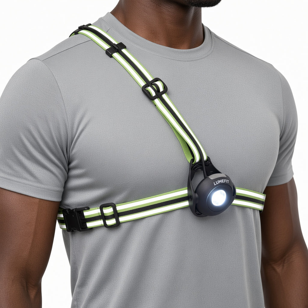 Front view of LUMEFIT running chest light with bright LED beam and reflective adjustable harness