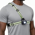 Front view of LUMEFIT running chest light with bright LED beam and reflective adjustable harness