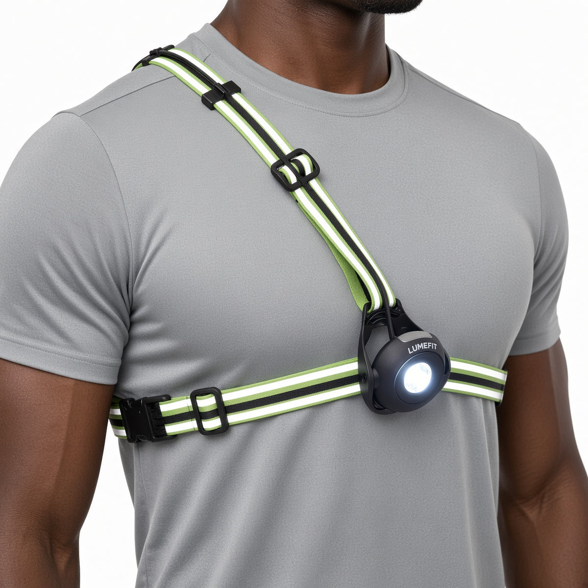 Front view of LUMEFIT running chest light with bright LED beam and reflective adjustable harness