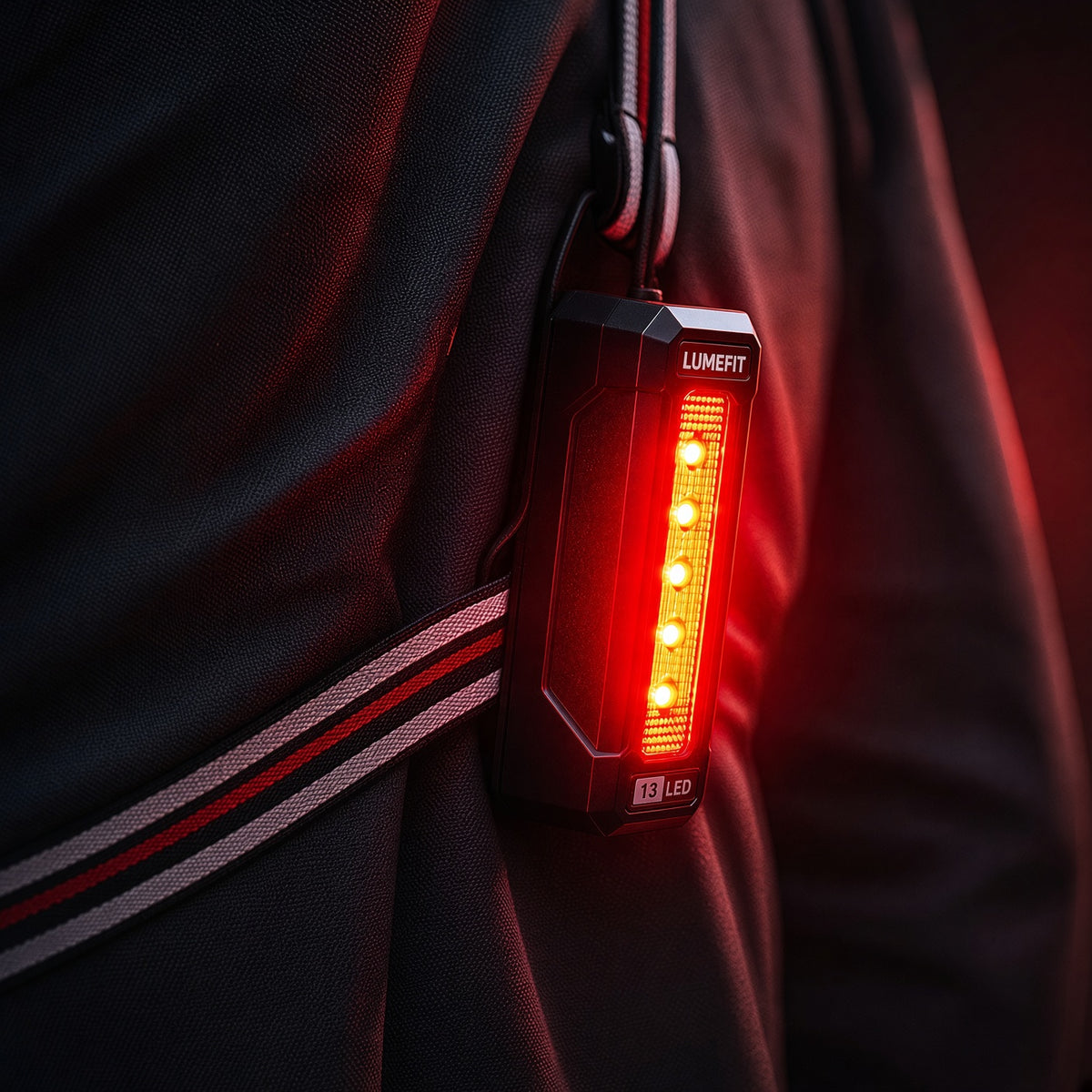 LUMEFIT rear red LED safety light attached to reflective running chest harness