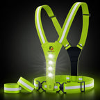 LUMEFIT green reflective running vest with rear LED safety lights, adjustable straps and reflective bands