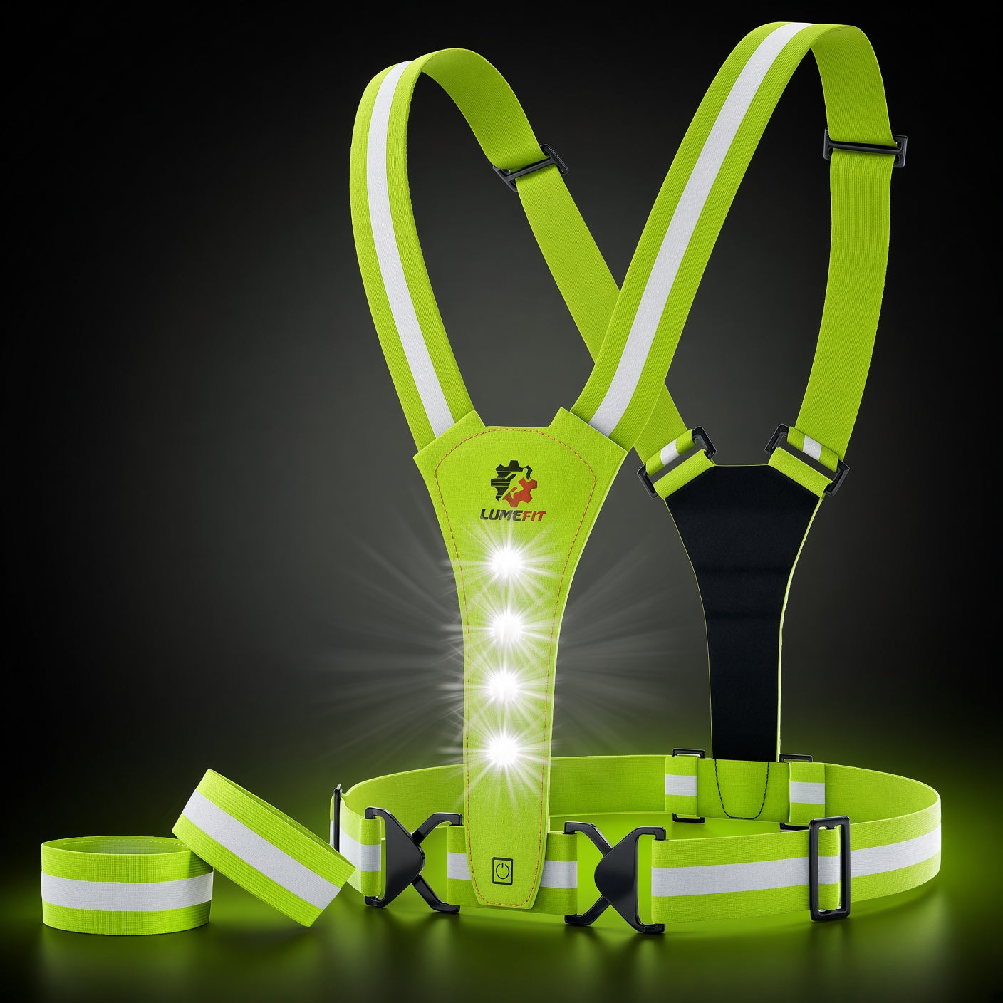 LUMEFIT green reflective running vest with rear LED safety lights, adjustable straps and reflective bands
