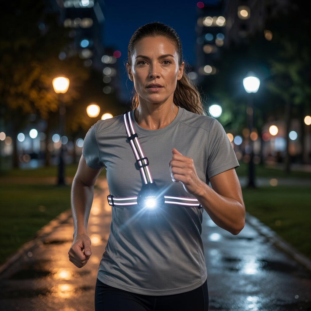 Woman running at night wearing a LUMEFIT hands-free chest light with reflective running harness