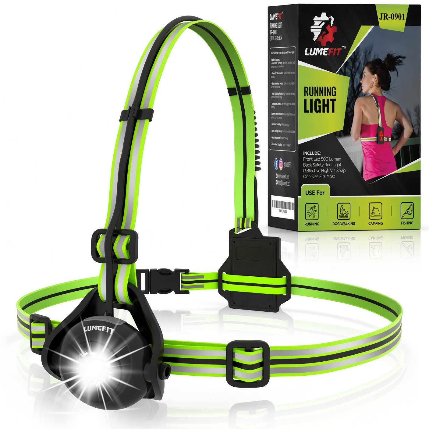 LUMEFIT JR0901 green reflective running chest light with bright front LED