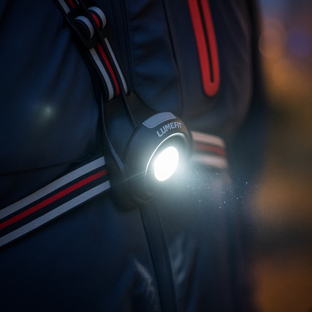 Close-up of LUMEFIT LED running chest light with reflective adjustable straps