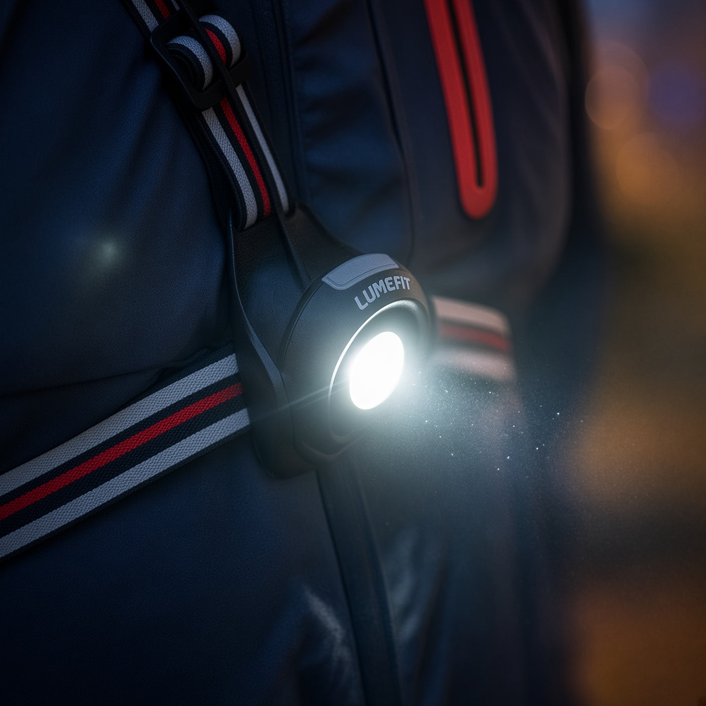 Close-up of LUMEFIT LED running chest light with reflective adjustable straps