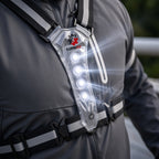Close-up of LUMEFIT LED reflective running vest with bright front safety lights
