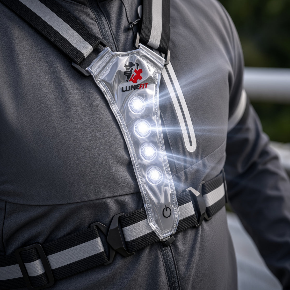 Close-up of LUMEFIT LED reflective running vest with bright front safety lights