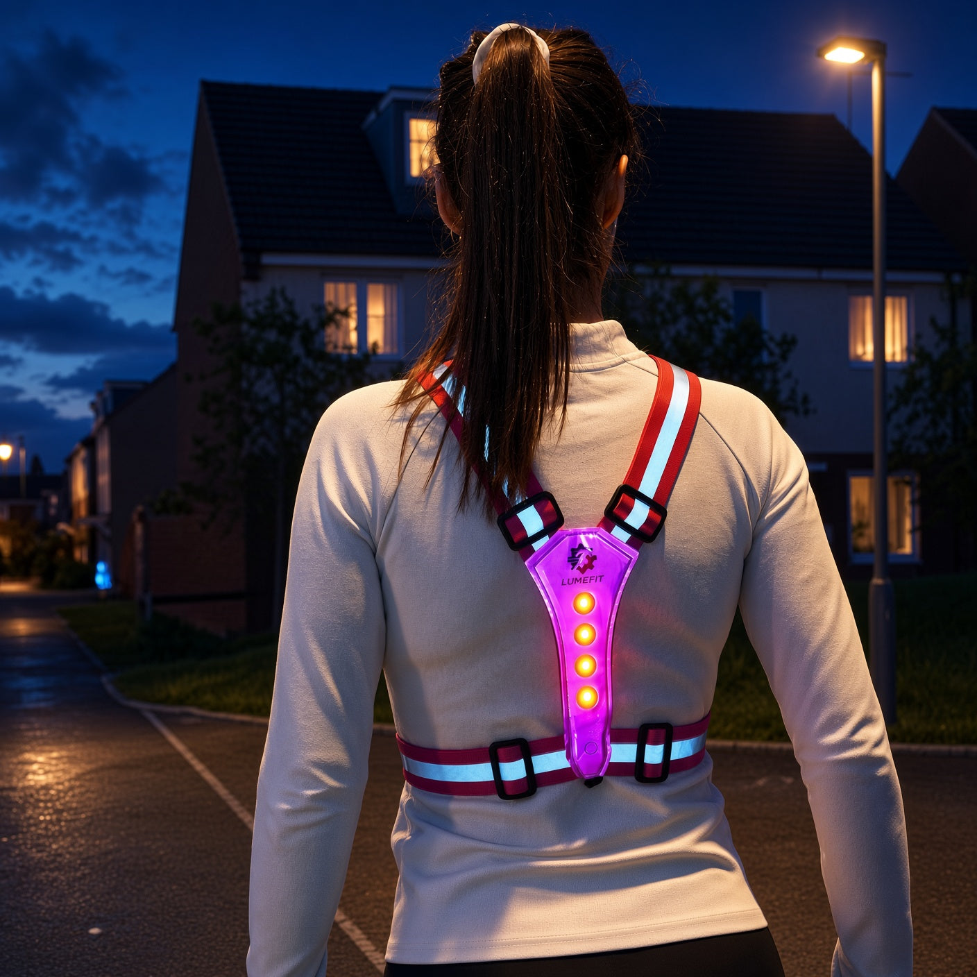 LUMEFIT pink 360 degree reflective running vest with LED lights, adjustable buckles and reflective armbands