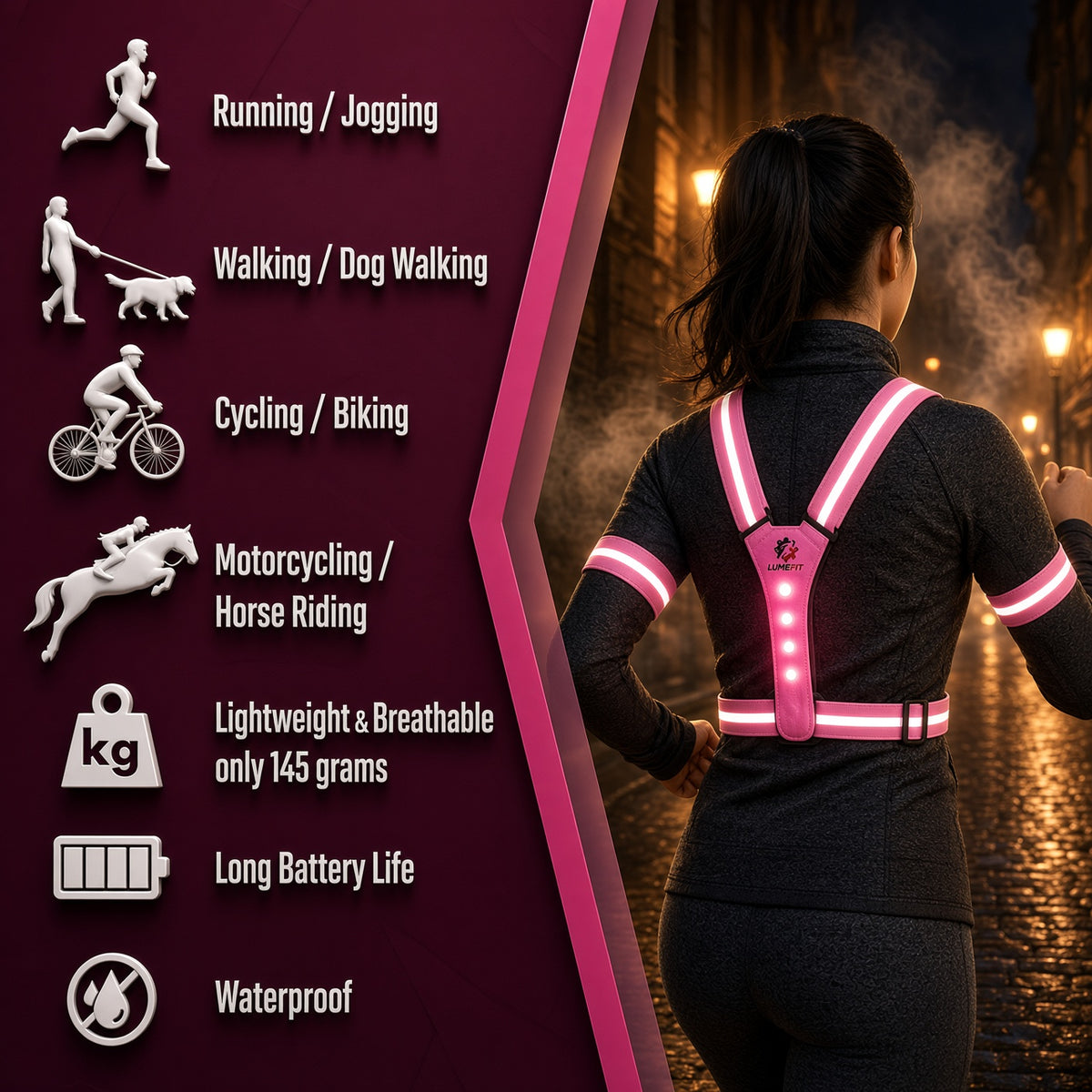 LUMEFIT pink LED reflective running vest with bright safety lights, reflective straps and armbands