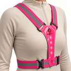 LUMEFIT pink LED running vest worn from the front with reflective adjustable straps