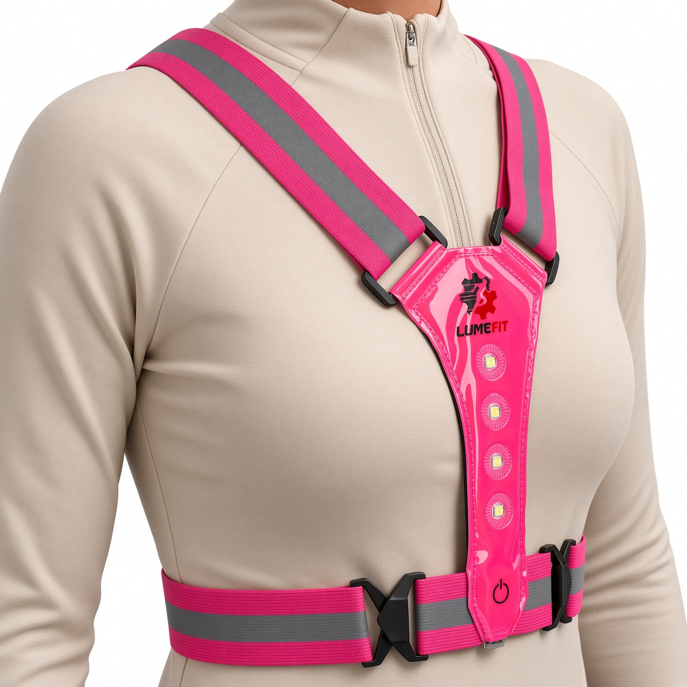 LUMEFIT pink LED running vest worn from the front with reflective adjustable straps