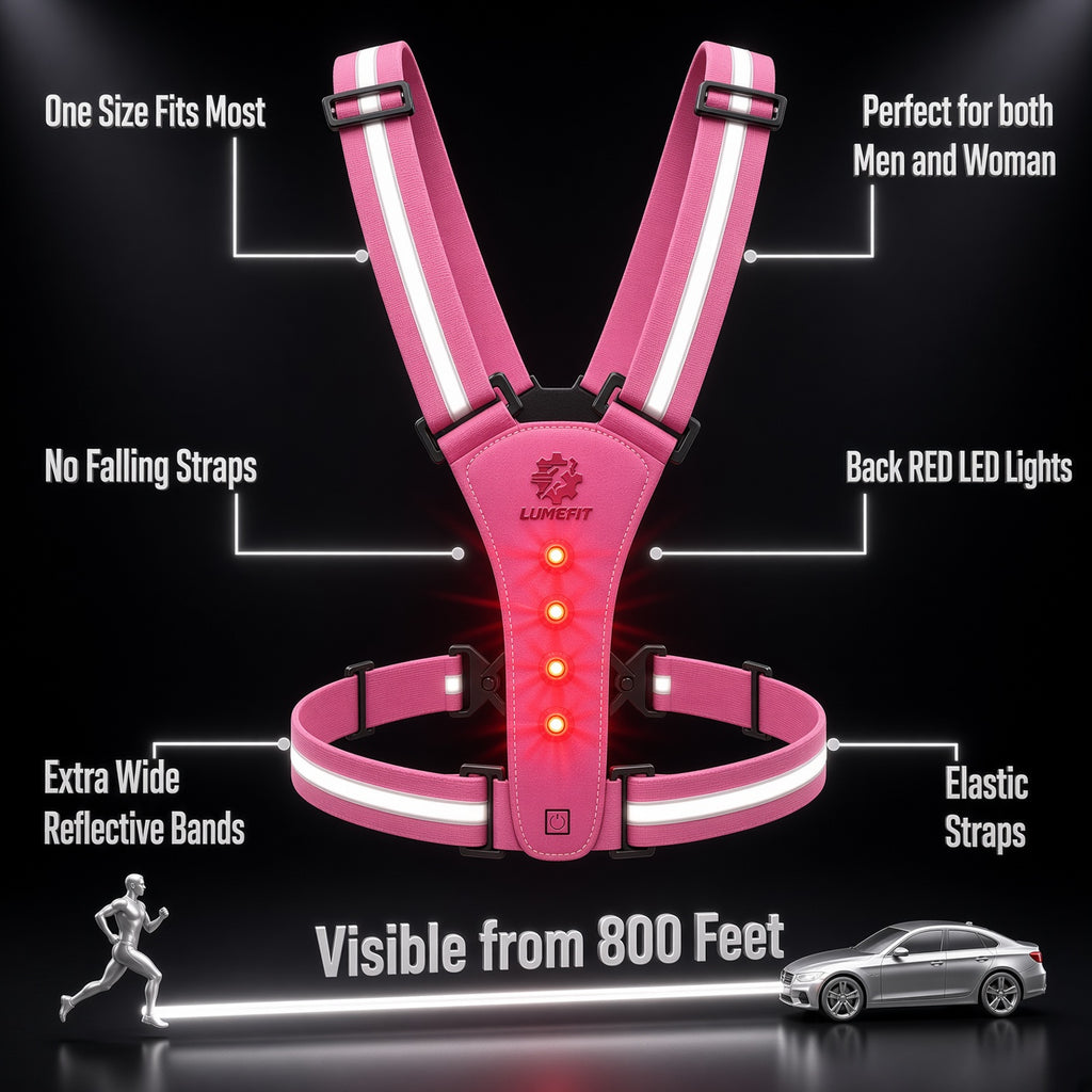 Rear view of woman wearing LUMEFIT pink reflective running vest with LED safety lights at night