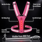 Rear view of woman wearing LUMEFIT pink reflective running vest with LED safety lights at night