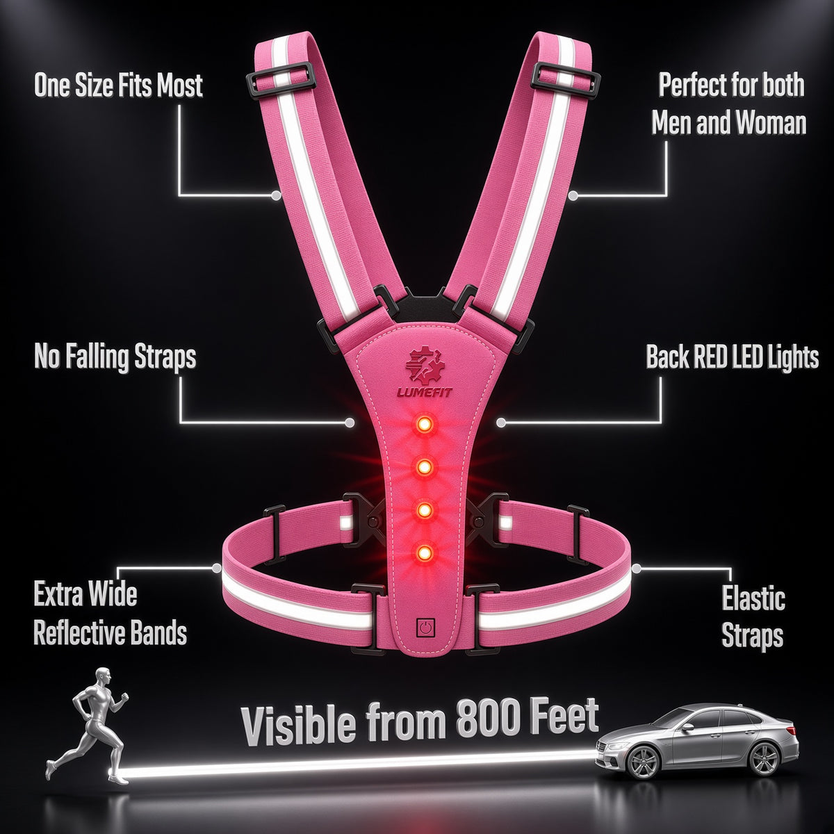 Rear view of woman wearing LUMEFIT pink reflective running vest with LED safety lights at night