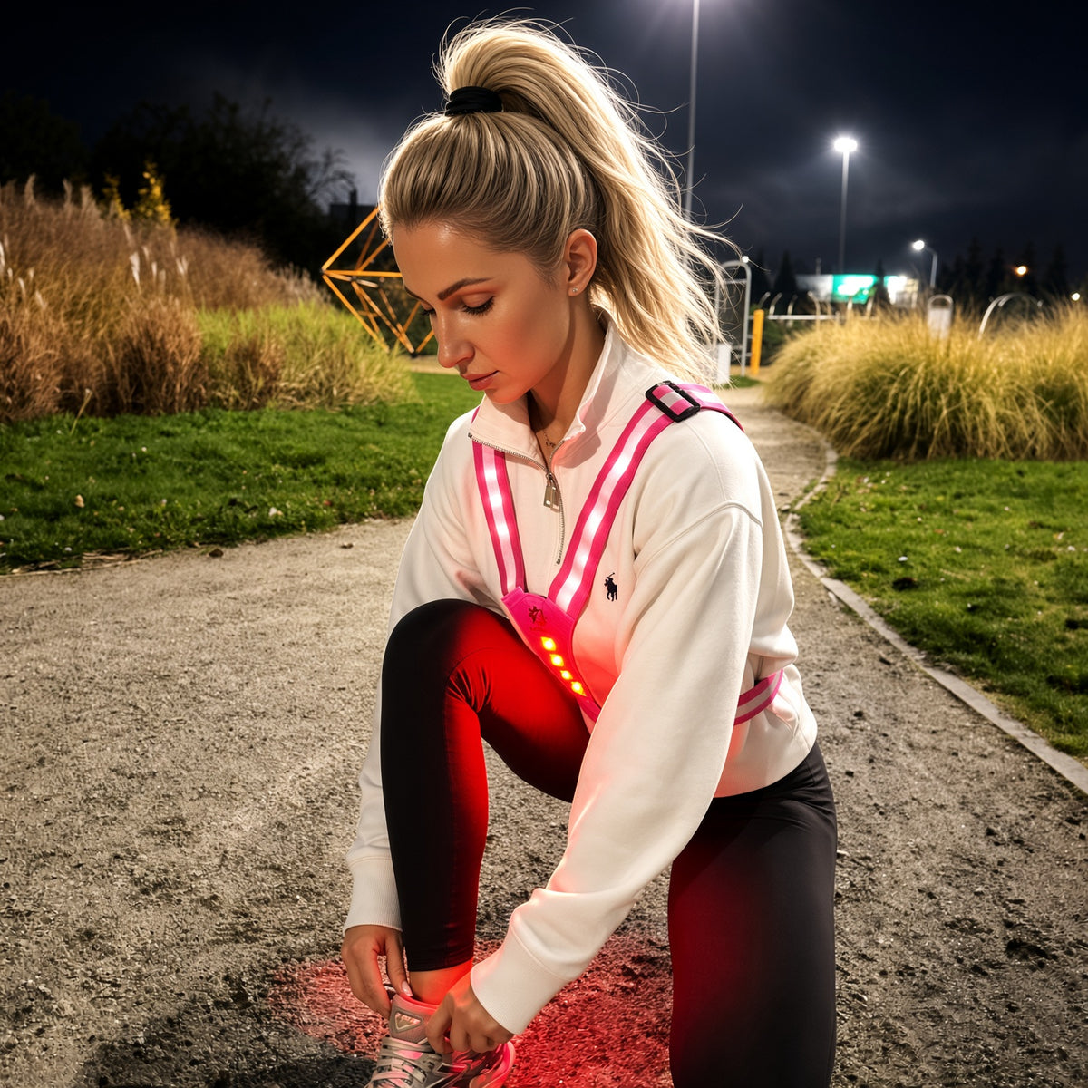 LUMEFIT pink reflective LED running vest with adjustable straps and safety lights on white background
