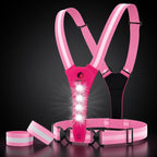 LUMEFIT pink reflective running vest with rear LED safety lights, adjustable straps and reflective bands
