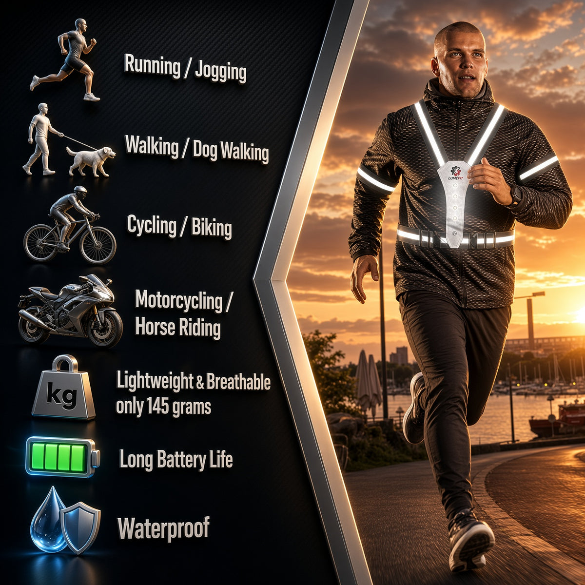 Man adjusting LUMEFIT LED running vest with reflective straps for a secure fit