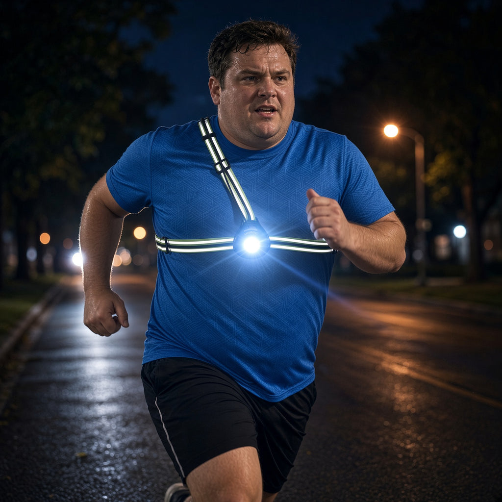 Man wearing LUMEFIT reflective running chest light while running at night