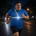 Man wearing LUMEFIT reflective running chest light while running at night