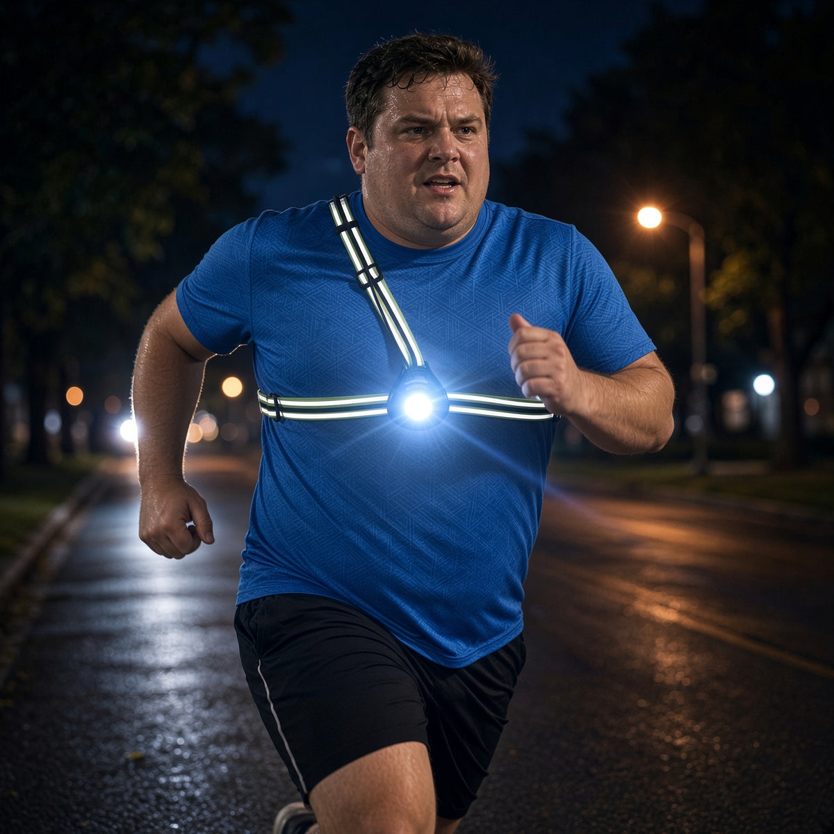 Man wearing LUMEFIT reflective running chest light while running at night