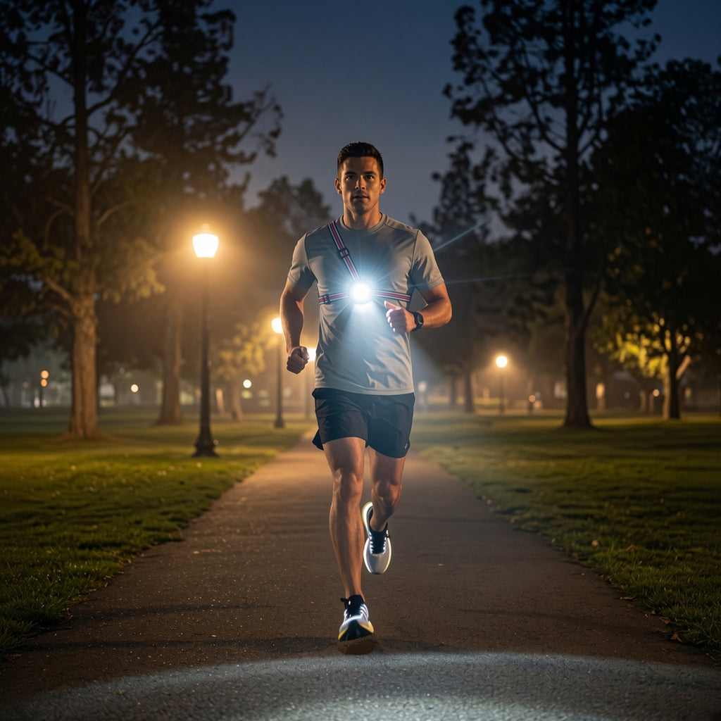 Runner wearing a LUMEFIT running chest light while running at night on a park path