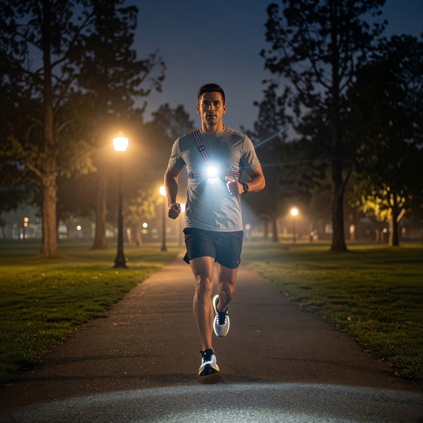 Runner wearing a LUMEFIT running chest light while running at night on a park path