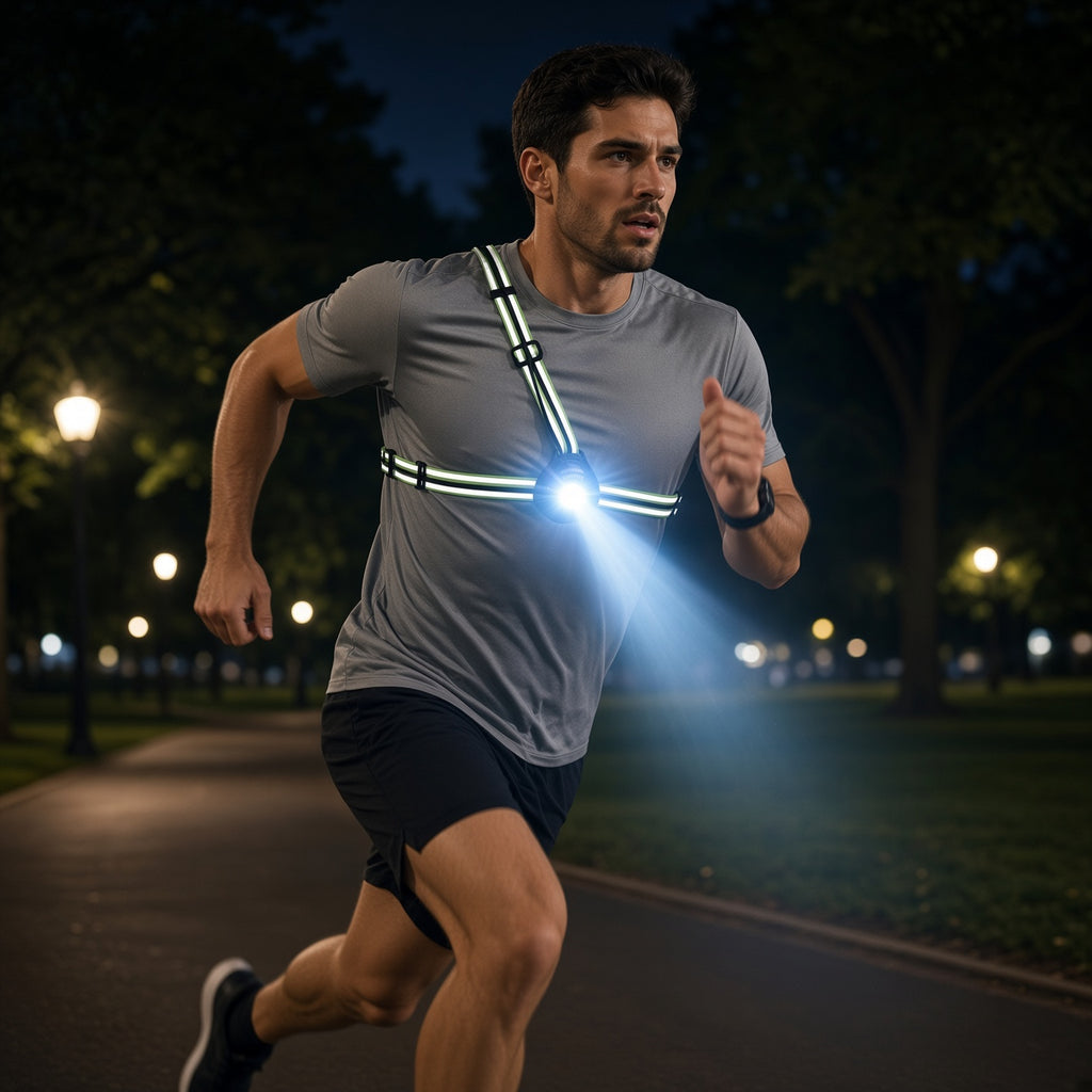 Man running at night wearing LUMEFIT running chest light with reflective straps