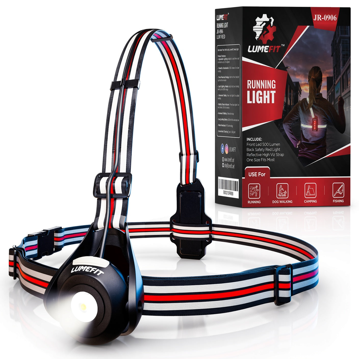 LUMEFIT rechargeable running chest light with reflective harness and retail packaging