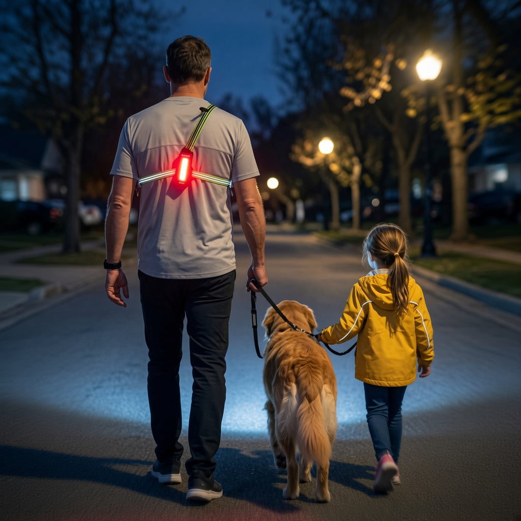 LUMEFIT running light with rear red safety light used while walking a dog at night