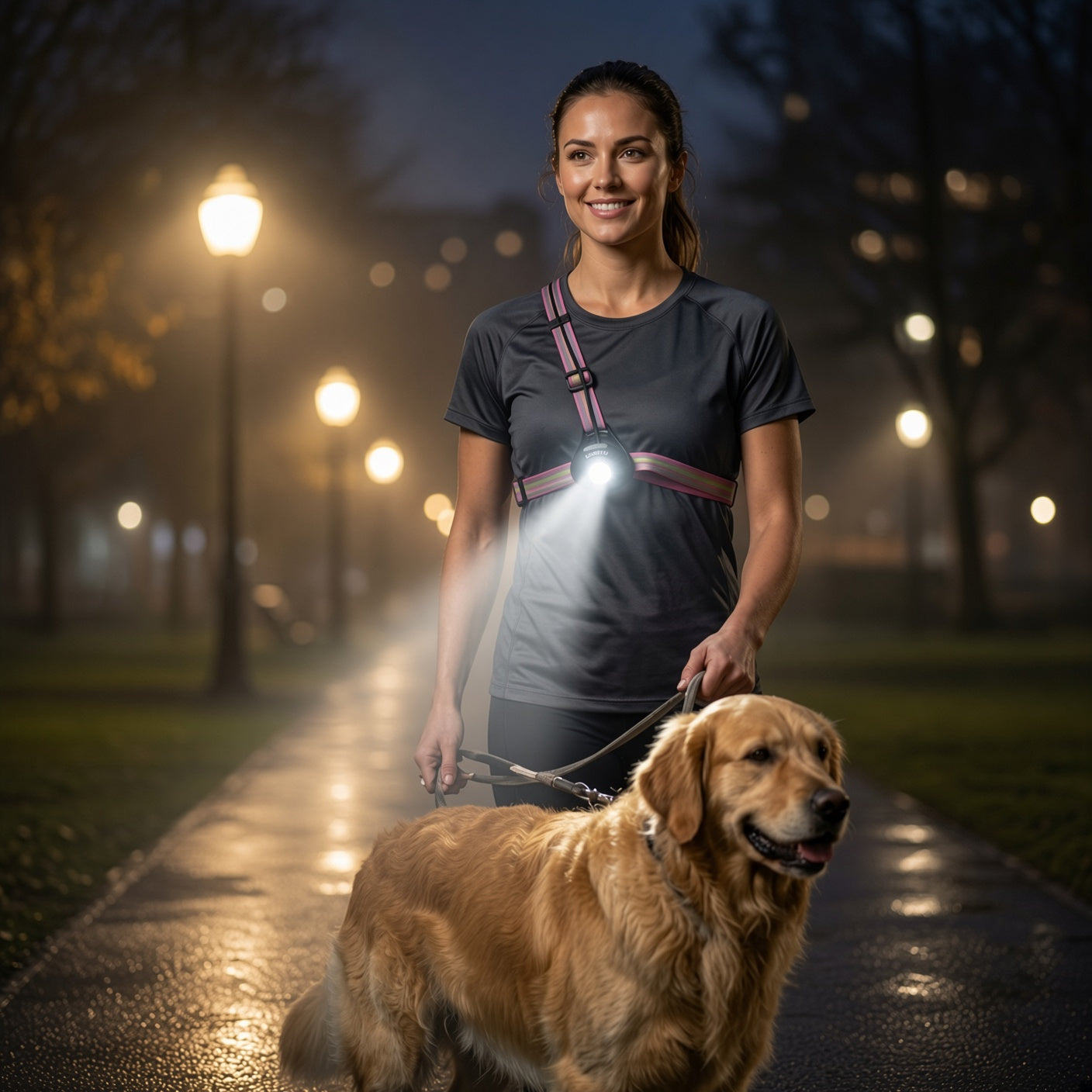 Woman walking a dog at night wearing a LUMEFIT rechargeable running chest light with reflective straps