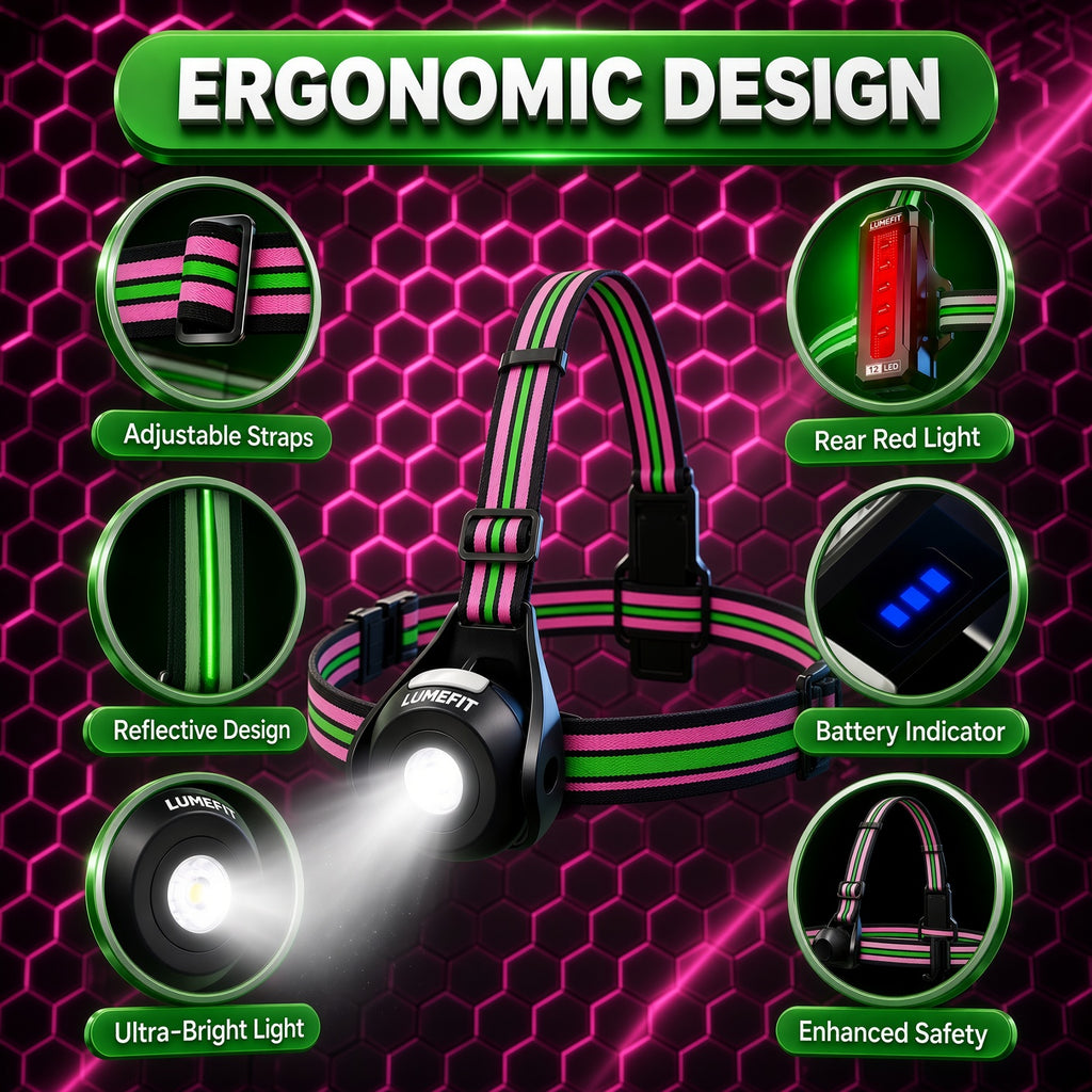 LUMEFIT running light ergonomic design with adjustable reflective straps, rear red light and battery indicator