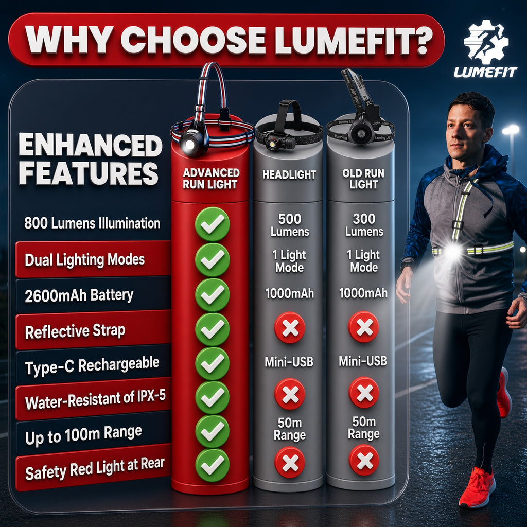 LUMEFIT rechargeable running chest light features including USB-C, reflective straps and rear safety light