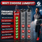 LUMEFIT rechargeable running chest light features including USB-C, reflective straps and rear safety light