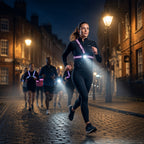 Female runner wearing a LUMEFIT chest light while running with a group at night in the UK