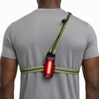 Rear view of LUMEFIT running chest light with red LED safety light and reflective straps