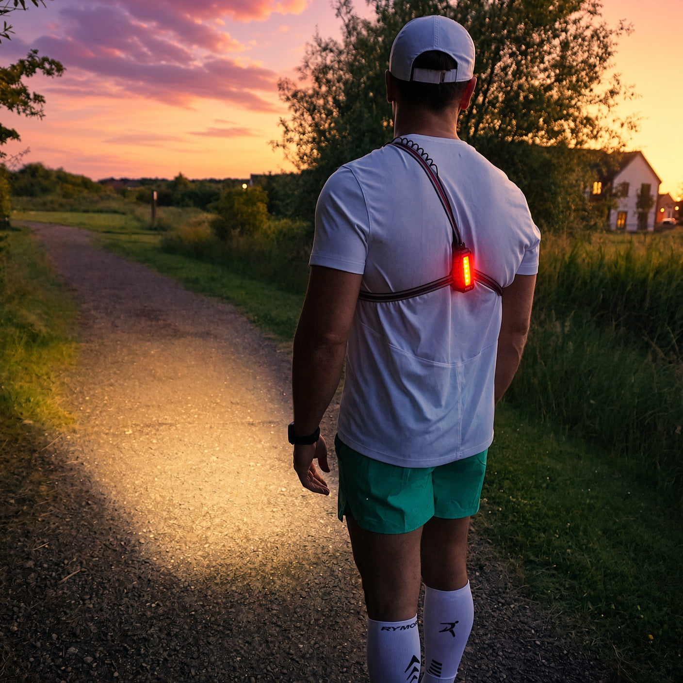 Rear view of runner wearing LUMEFIT chest light with red safety light at dusk