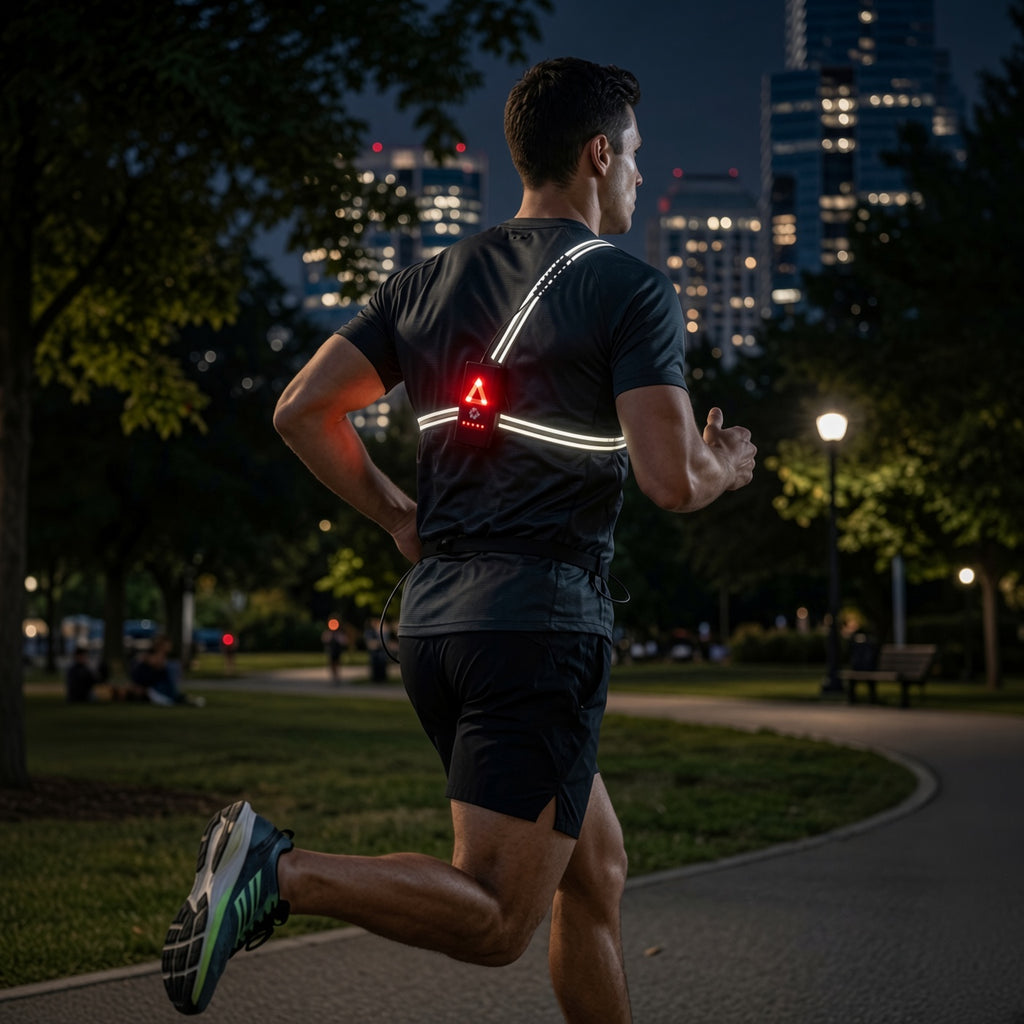Rear view of runner wearing LUMEFIT chest light with reflective straps and red safety light
