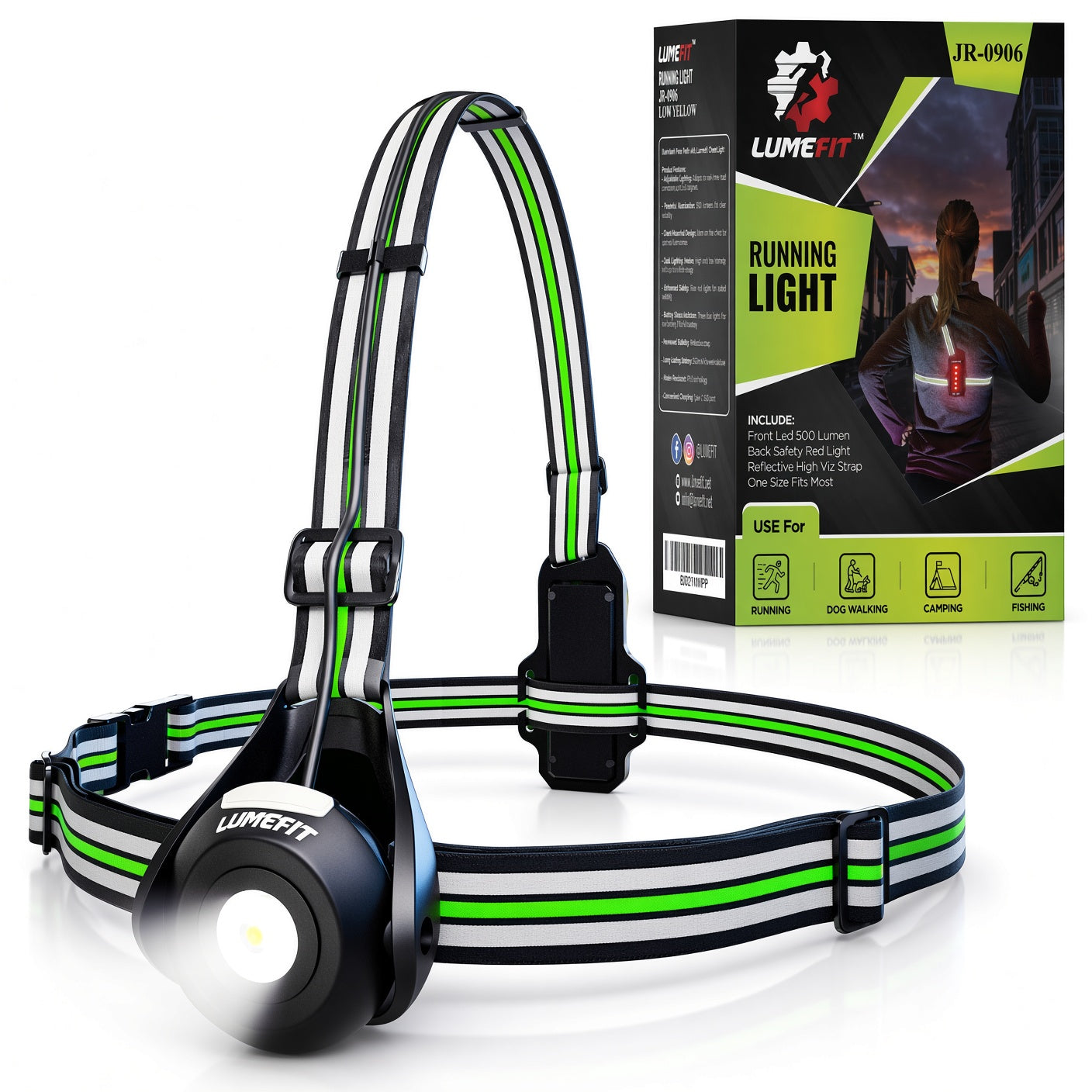 LUMEFIT reflective chest running light with front LED, rear safety light and retail packaging
