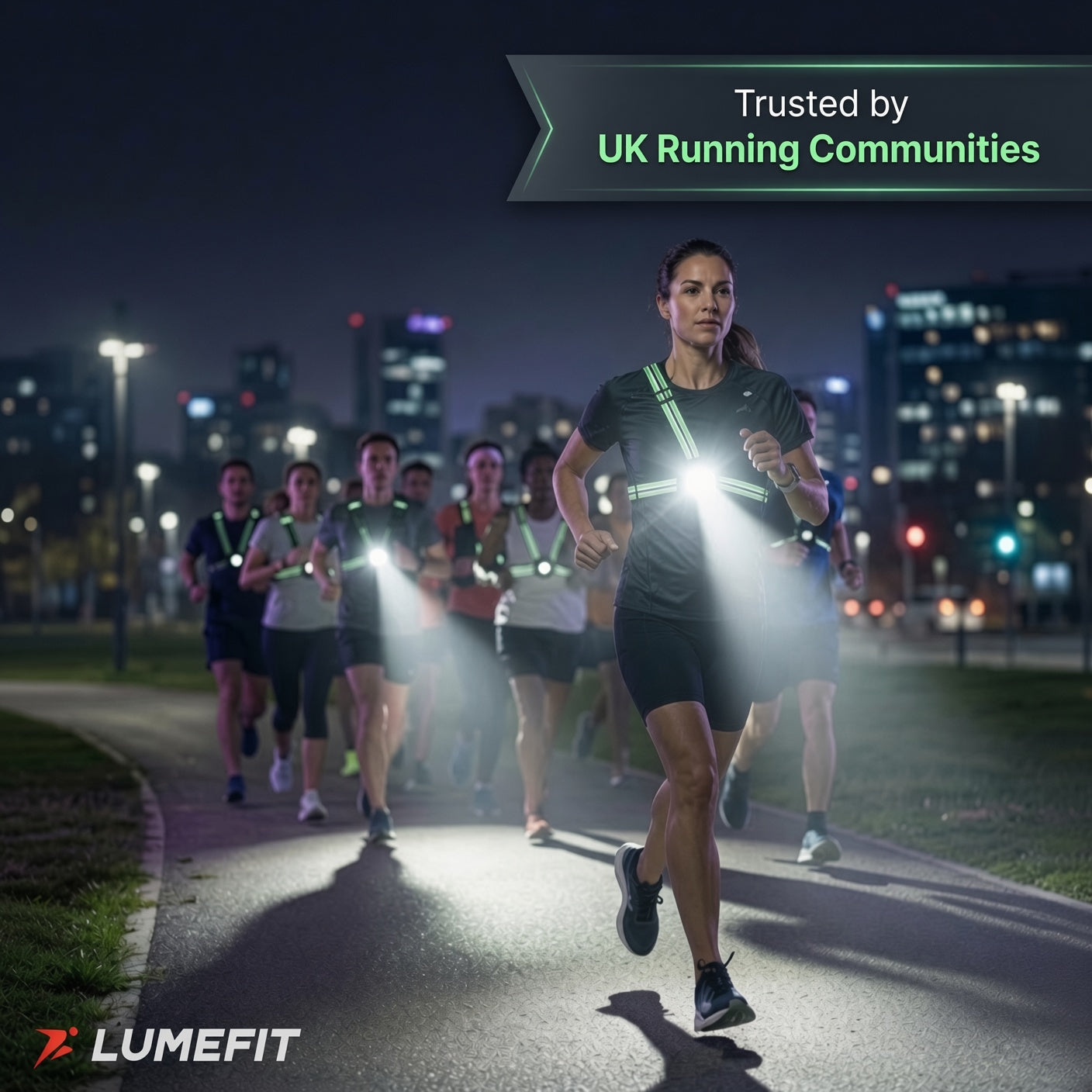 Group of night runners wearing LUMEFIT reflective running chest lights