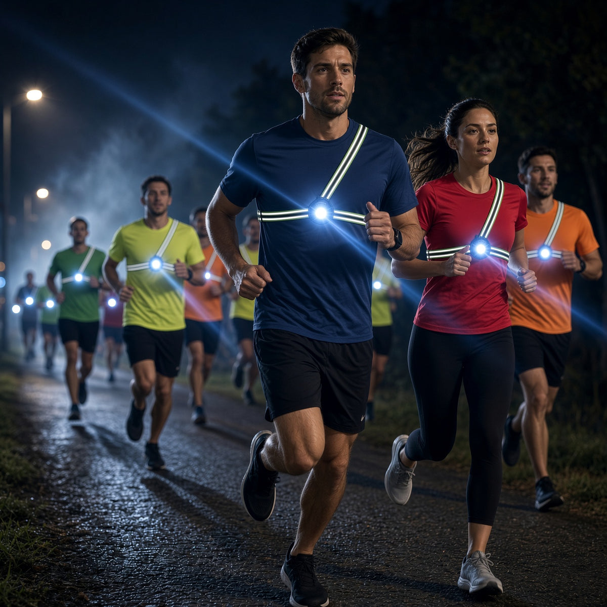 Runners wearing LUMEFIT chest lights and reflective harnesses during a group night run in the UK