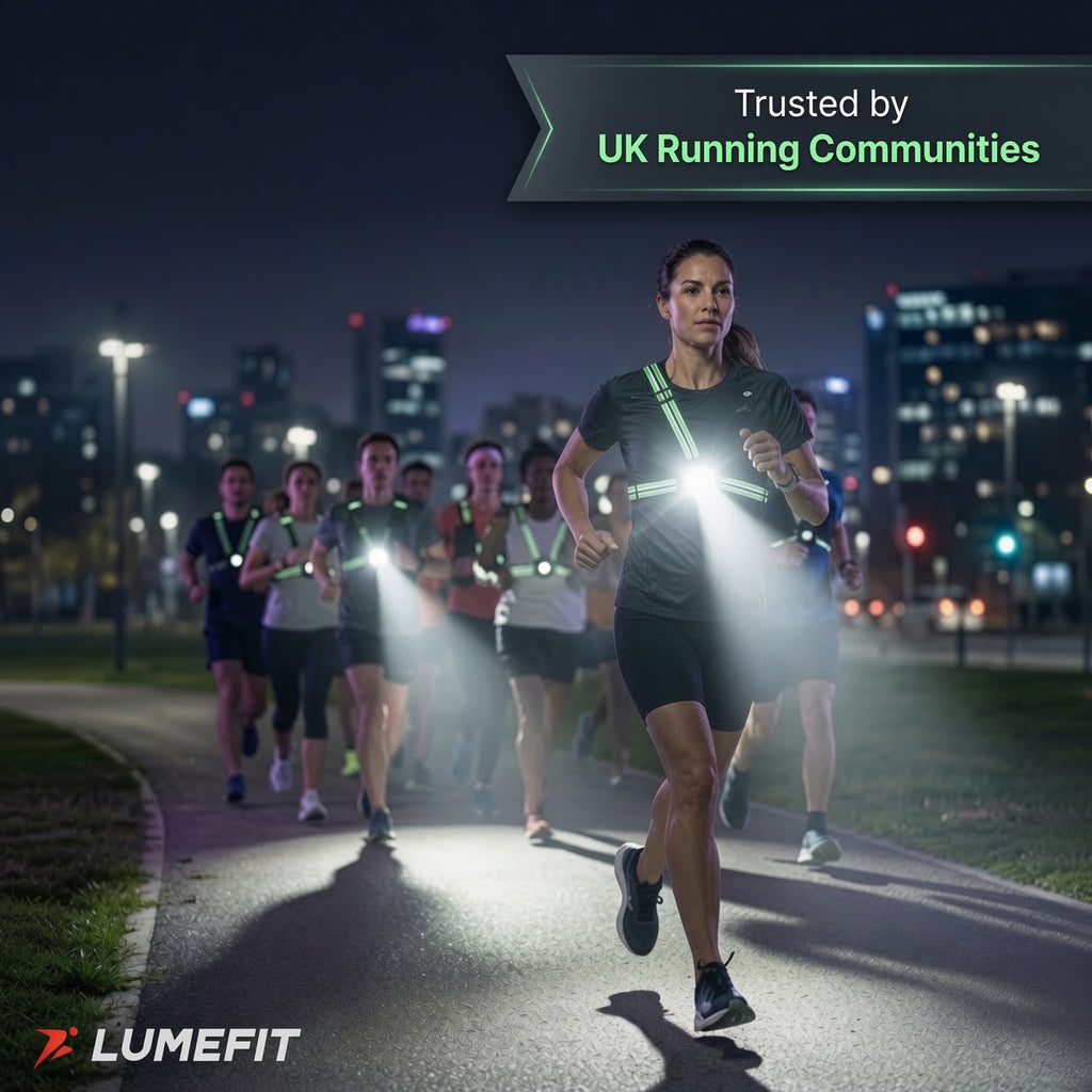 Runners wearing LUMEFIT reflective chest lights during a night group run