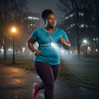 Woman running at night wearing a LUMEFIT reflective chest running light
