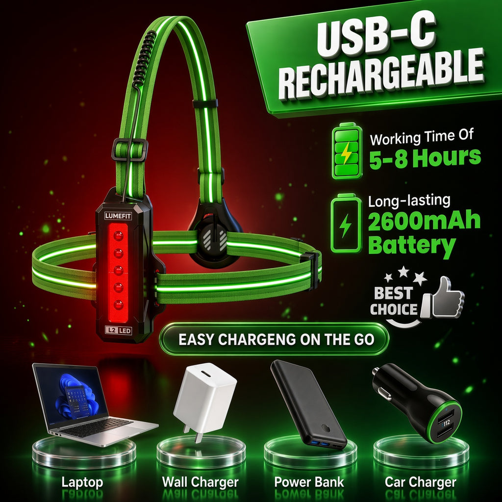LUMEFIT USB-C rechargeable running light with 2600mAh battery and up to 8 hours working time
