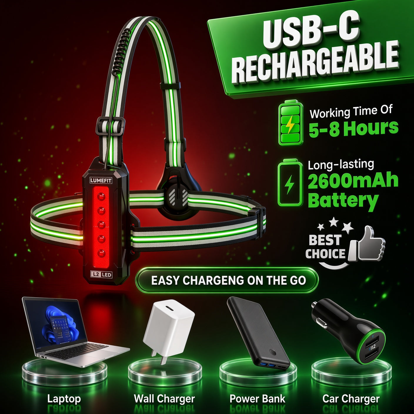 LUMEFIT USB-C rechargeable running light with 2600mAh battery