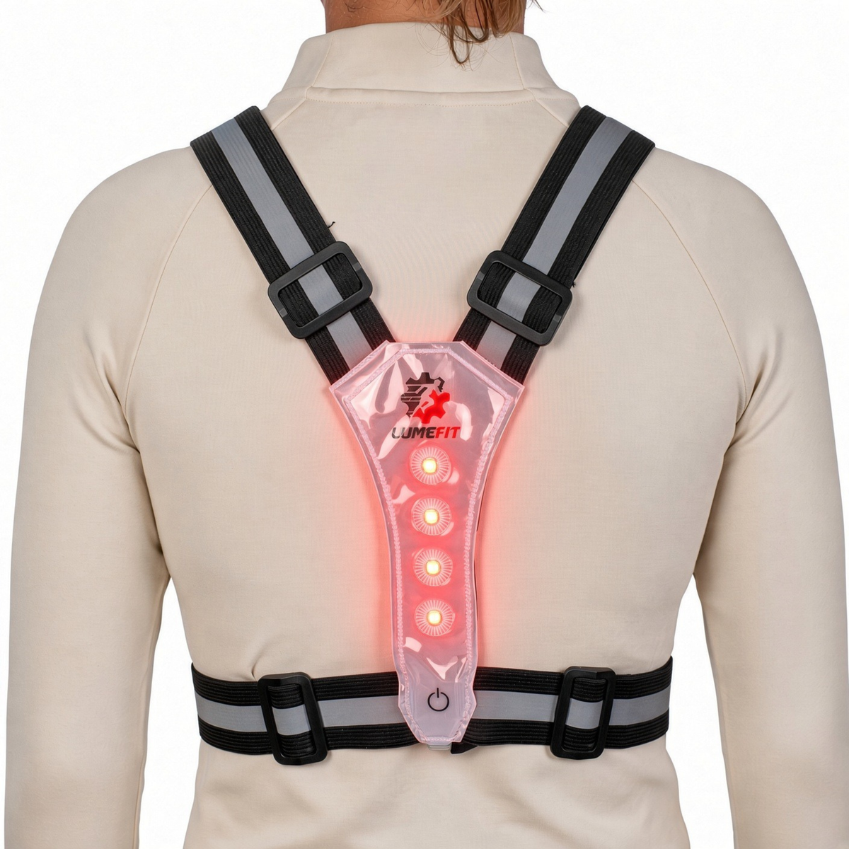 LUMEFIT 360 degree reflective running vest with LED safety lights, adjustable straps and reflective bands back red light