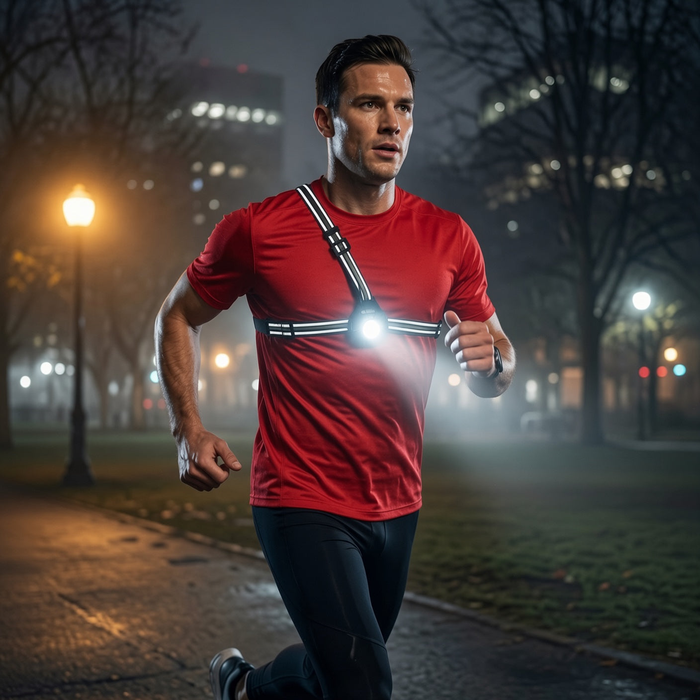Runner wearing LUMEFIT chest light during a night run